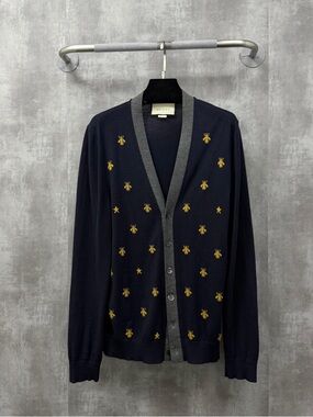 🚩steal Gucci Navy Wool Cardigan with Gold Bee & Star Embroidery
